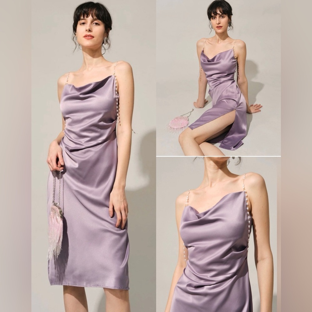 NWT RIHOAS The  Solid Cowl Neck Pearl Strap Midi Dress Purple , size M